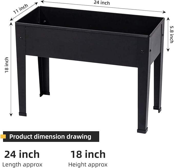 Raised Garden Bed Elevated Planter Black Metal Plant Box with Legs Standing Garden Stand Drainage Holes Black(24 L x 11 W x 18 H)