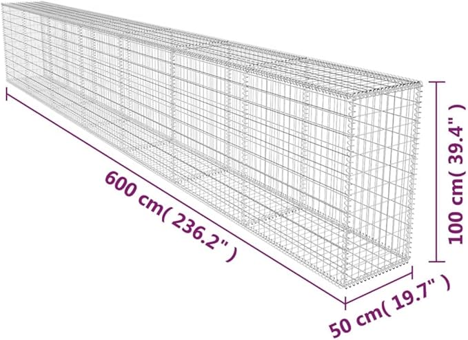 Gabion Wall with Cover Galvanized Steel 236.2x19.7x39.4 Gabion Raised Bed Gabion Cages Basket Steel Woven Gabion Net for Backyard Garden