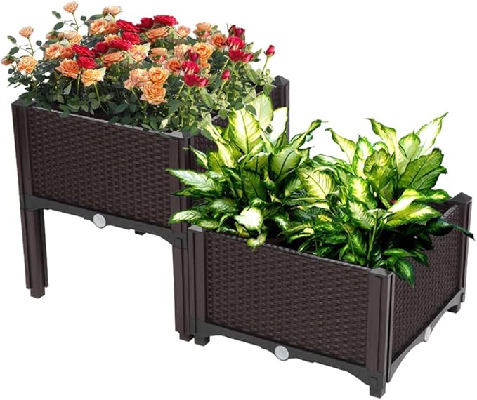 Elevated Planters Raised Garden Beds Plastic Vegetables Plant Raised Bed Kits Set of 2 Flowers Vegetables Growing Box with Legs &amp Drainage Holes for Garden Patio Balcony Restaurant Espresso