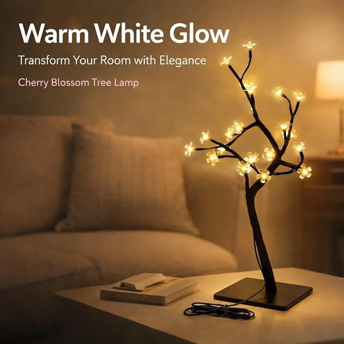 Cherry Blossom Decor Bonsai Tree Lamp with 24 Warm White LED Lights USB Powered 12.6 Inch - Twinkling Lights Flexible Design Romantic Home Decoration