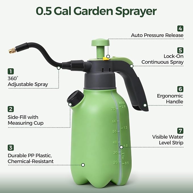T4U 1/2 Gallon Pump Sprayer with Flexible Adjustable Nozzle PP Hand Pump Pressure Sprayer with Built-in Measuring Cup for Home Garden Plant Care and Household Cleaning Indoor &amp Outdoor Use