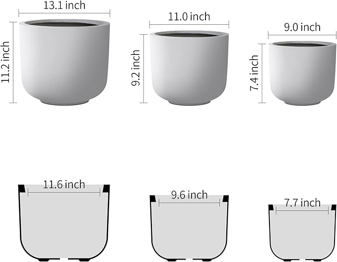 Kante 13119 Dia Pure White Concrete Round Planters (Set of 3) Outdoor Indoor Modern Planter Pots Lightweight Weather Resistant Seamless with Drainage Hole