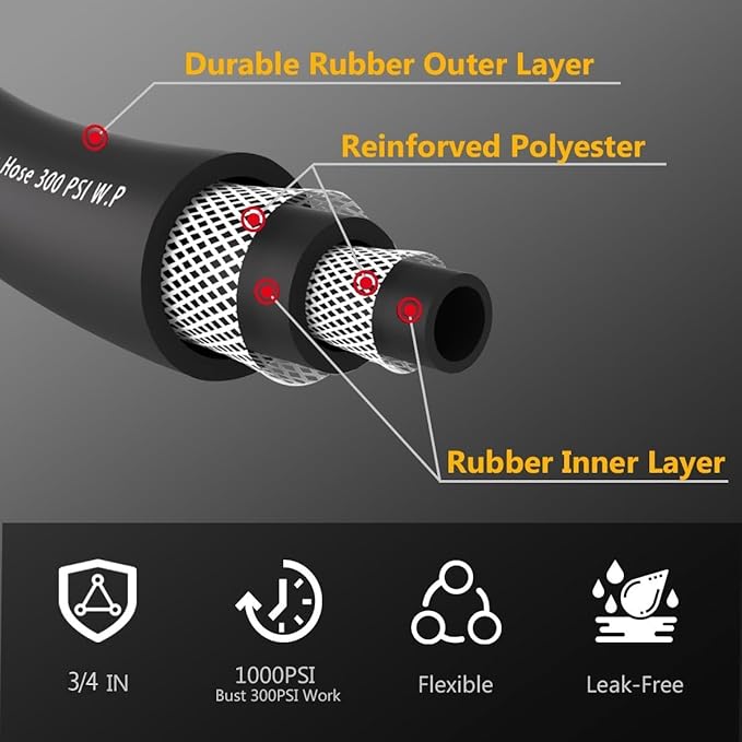 Leader Garden Hose 10ft x 3/4 Heavy Duty Short Water Hose Male to Female Fittings Five Layered Braiding for Durability 1000PSI Burst 300PSI Working (Black)
