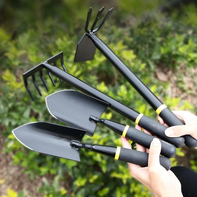 Garden Tool Set 4 PCS Heavy Duty Carbon Steel Gardening Tool Set with Non-Slip Rubber Grip Rake Shovel Outdoor Hand Tools Set Beach Combing Tool Kit Unisex Gifts for Seniors (Transplanter)