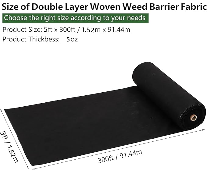 5ftx300ft Weed Barrier Landscape Fabric Heavy Duty 5.0oz Weed Block Gardening Ground Cover Mat Weed Control Garden Cloth Woven Geotextile Fabric for Underlayment Commercial Driveway Fabric
