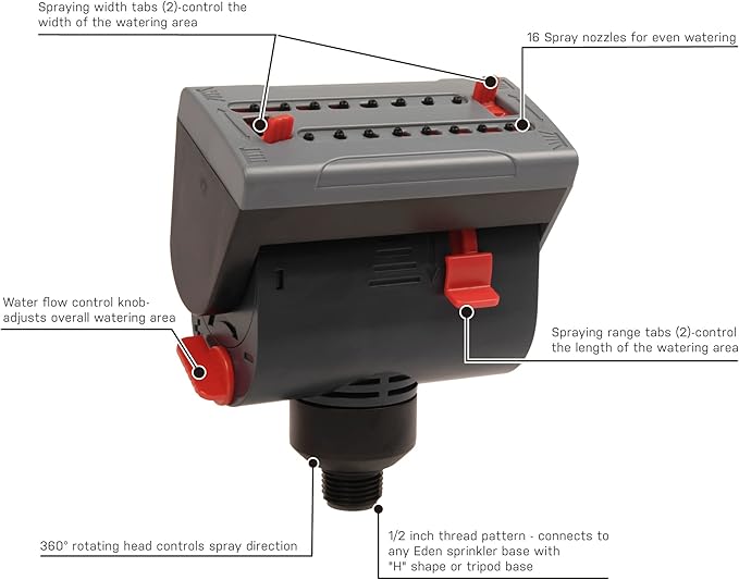 Eden 16028 4-Way Adjustable Mini Turbo Oscillating Sprinkler Head for Lawn and Garden 1/2 Inch Thread Connector Fits for Most Garden Tool Base