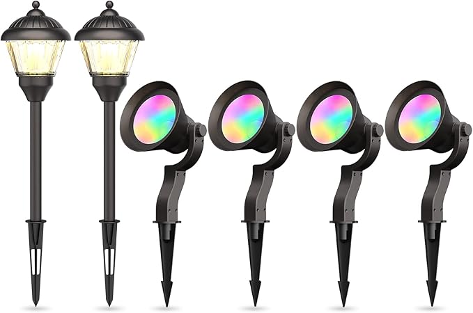 GOODSMANN Landscape Lighting Low Voltage Path Lights 2PK LED 1.5W 100 Lumens Pathway Lights and 4PK RGBW 12W 650 Lumens Spotlights Floodlight Outdoor Lights with Metal Spike and Connector