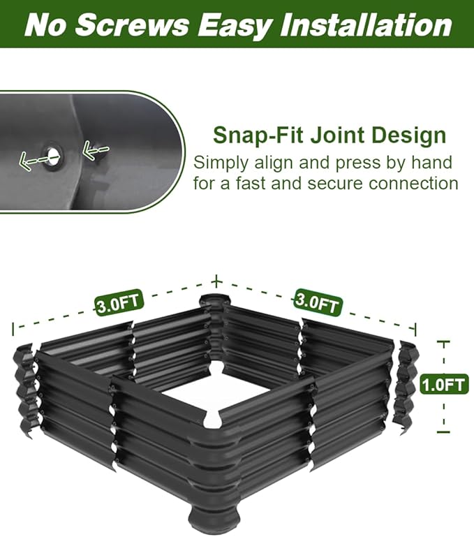 3x3x1ft Raised Garden Bed Kit for Outdoors Rustproof PP Raised Planter Box Large Garden Box Flower Bed with Press-Fit Assembly Gardening Containers for Vegetables Flowers Herbs Balck