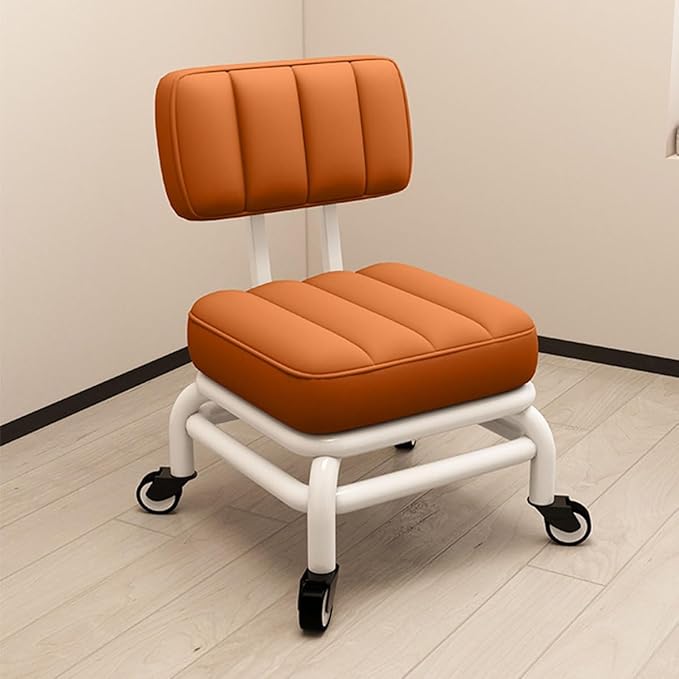 Ergonomic Low Rolling Stool With Back Support Soft Pu Leather Seat Metal Frame 360° Swivel Short Stool For Home Garden Office Garage Shop Comfortable And Durable Roller Chair With Orange One Size