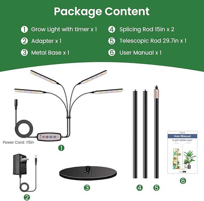 Grow Lights for Indoor Plants with Stand 4-Heads Full Specturm Plant Grow Light with 4/8/12/16H Timer 3 Color Modes 360° Flexible Gooseneck 24-68.7in Hight Adjustable Grow Lamp Black
