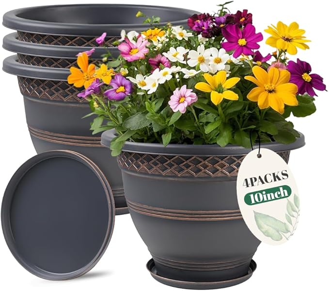 10 Inch 4 Pack Plant Pots Plastic Flower Pot for Indoor &amp Outdoor with Drainage Holes &amp Saucer Plaid Pattern Planters Garden Pots for Herbs