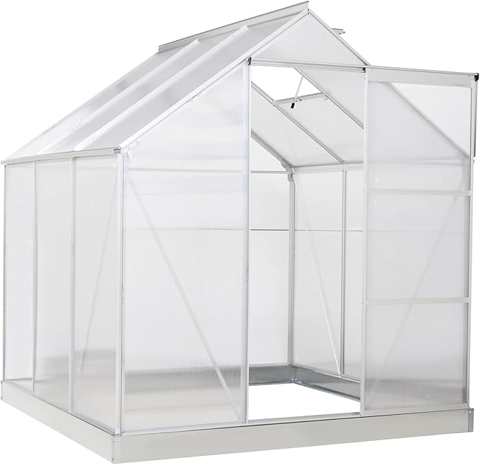 Outsunny 6' x 6' Hobby Greenhouse Walk-in Polycarbonate Hot House Kit with Aluminum Frame Sliding Door Roof Vent Silver
