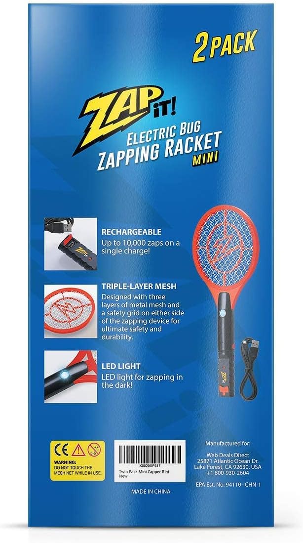 Zap It Electric Fly Swatter Racket &amp Mosquito Zapper Racket - Rechargeable Bug Zapper Racket - Fly Zapper Racket - Zapper Fly Swatter - Handheld Bug Zapper - 4000 Volt USB Charging Cable 2 Pack