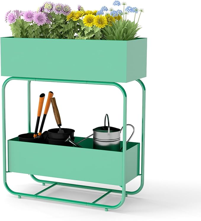 kinbor 2 Tier Elevated Raised Garden Bed Outdoor - Durable Planter Boxes for Vegetables Flowers &amp Herbs (29” Tall Rust-Resistant Steel Green)