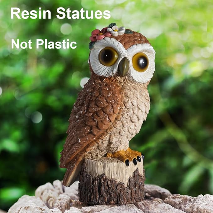 1 KINGO Fake Owl Decoy Bird Deterrents for Outside Solar Powered LED Eyes &amp Ultrasonic Deterrent Scarecrow Owl Decoys to Scare Birds Away Bird Repellent Devices Outdoor Resin Garden Statues