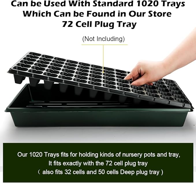 10 Pack 1020 Trays No Holes-Reusable Nursery Flats for 50/72 Cell Plug Tray Heavy Duty Seed Starter Trays for Transplant Seed Starting Plant Propagation &amp Seed Germination (Dark Green)