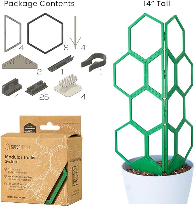 Hexagon Trellis for Climbing Plants Outdoor - Stackable 14 Tall Trellis for Indoor Potted Plants - Starter Pack 2.0 Modular System Houseplant Trellis - 50pcs Starter Set (Green Tea)