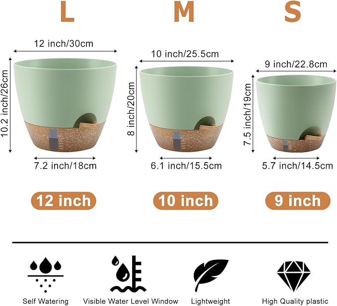 Self-Watering Plant Pots with Water Level Indicator Drainage Holes &amp Saucers – 12/10/9 Inch Large Plastic Planter Set for Indoor &amp Outdoor Plants (Green)