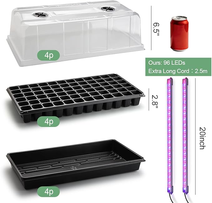 1020 Trays with Grow Light and 6.3 Humidity Dome - 4 Pack Heavy Duty Seed Trays with 72 Cell Plug Trays Germination Kit with Timer and Dimmable LED - Reusable Plant Propagation Box for Gardening