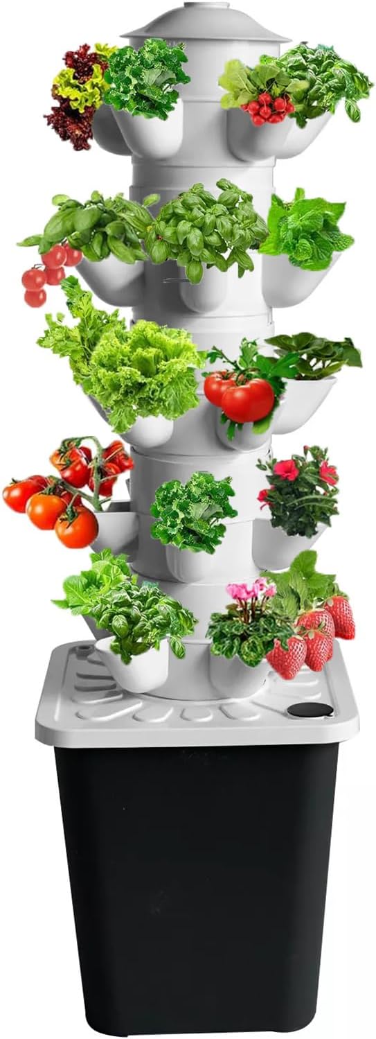 Hydroponics Tower Indoor Growing System Vertical Hydroponics Garden Tower Indoor Smart Garden Kit with Pump and Movable Water Tank (18/25holes)