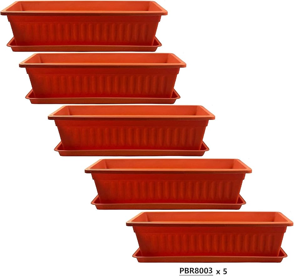 5 pcs / Length 16.8 inch Brick Red Plastic Window Plants Boxes with Tray/ for FlowerVegetablesPlants Nursery Seedling in The GardenPatioIndoor OutdoorPBR8003-5-T23.25 inx8 inx5.75 in