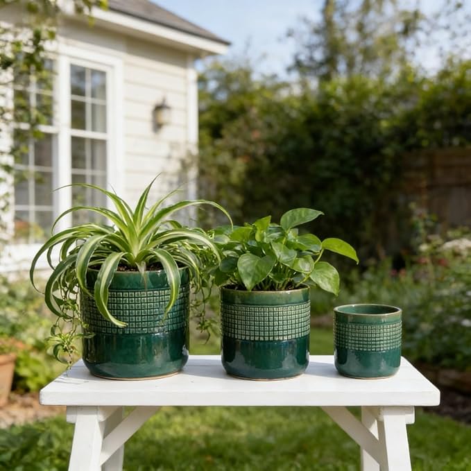 Handmade Green Glazed Ceramic Planter Set of 3 10 8 6 Diameter Square Grid Pattern for Succulents Herbs IndoorOutdoor Shelf Table Use Breathable Clay with Drainage Holes