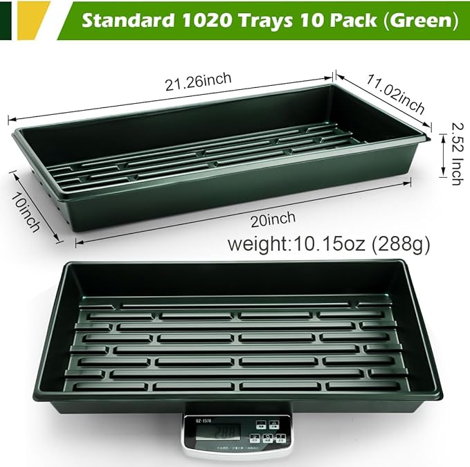 10 Pack 1020 Trays No Holes-Reusable Nursery Flats for 50/72 Cell Plug Tray Heavy Duty Seed Starter Trays for Transplant Seed Starting Plant Propagation &amp Seed Germination (Dark Green)
