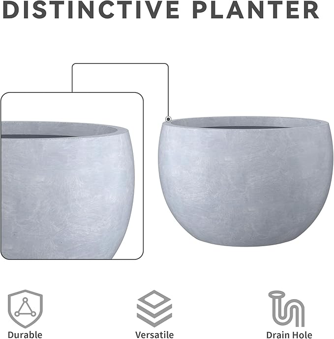 Kante 19.9 Dia Lightweight Concrete Outdoor Round Bowl Planter Outdoor/Indoor Large Planters Pots with Drainage Hole for Garden Patio Balcony Deck Living Room Slate Gray