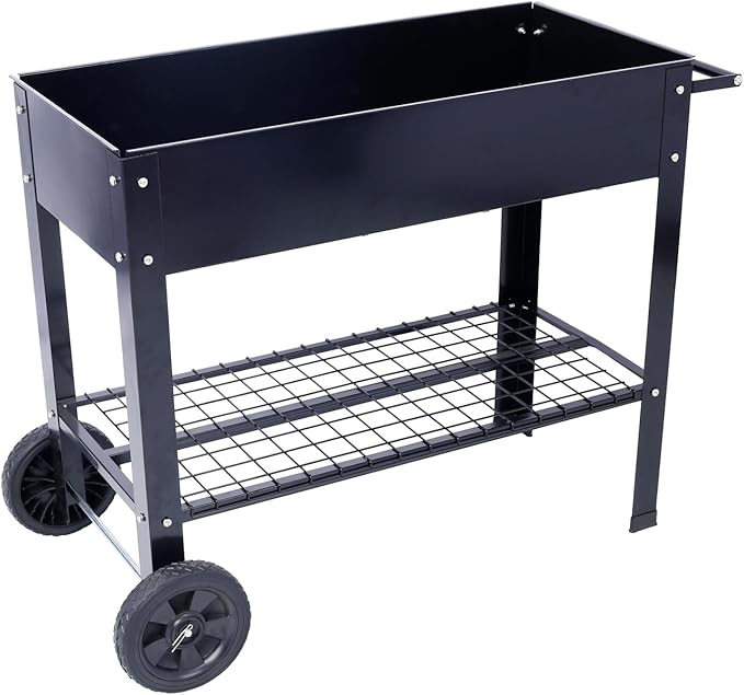 ZeHuoGe Products Elevated Mobile Raised Ergonomic Metal Planter Garden Bed for Backyard Patio w/Wheels Lower Shelf 42.5 L x20.8 W x31.5 H Black