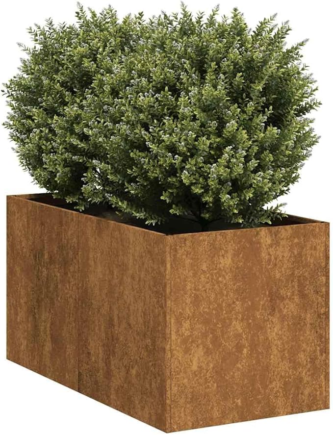 Large 31.5in Rectangular Weathering Steel Outdoor Planter Box Rustic Brown Garden Pot with Drainage for Patio Terrace and Balcony