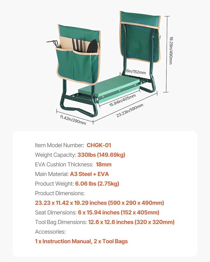 Garden Kneeler and Seat with 6 Thick EVA PadFolding Stool Bench330 lbs CapacityDual Tool BagsErgonomic Handles for SeniorsLightweight &amp Portable for GardeningWeedingPlanting