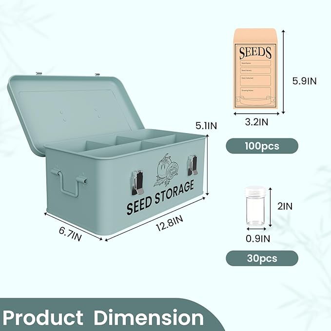 Seed Storage Organizer Box Metal Seed Box Garden Seed Organizer with Lid Seed Containers Storage with 5 Compartments 30 Seed Holder Organizers 100pcs Seed Envelopes (Blue)