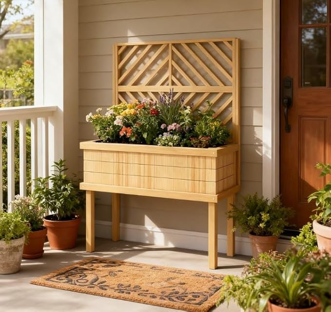 Standing Garden Bed with Built-in Trellis Elevated Wood Planter with Legs &amp Drainage Holes Comfortable Height for Climbing Vegetables &amp Flowers (Natural)