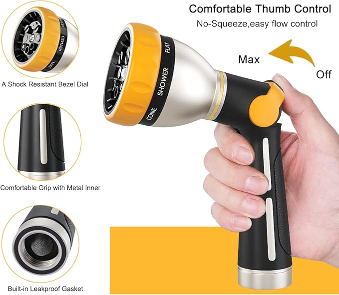 FANHAO Garden Hose Nozzle 100% Heavy Duty Metal Spray Nozzle with Thumb Control High Pressure Water Nozzle with 8 Adjustable Spray Patterns for Watering Plants Washing Cars and Showering Pets