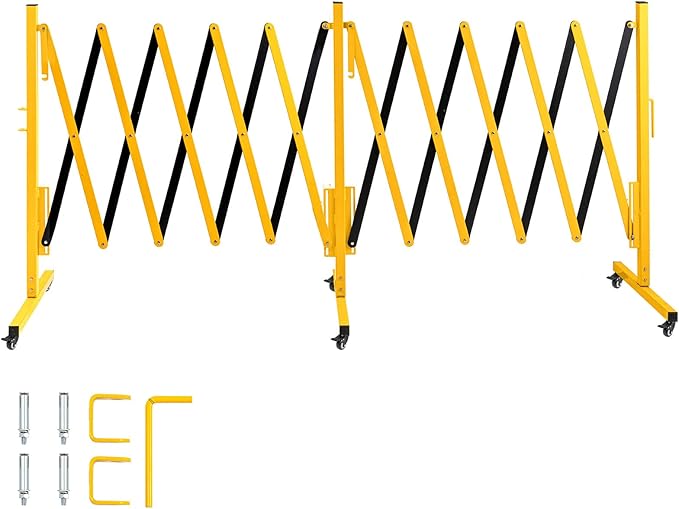 TECSPACE Industrial Expandable Metal Barricade Expansion Size 16.4 FT Yellow and BlackDurable Steel Safety Barricade with casters Flexible Mobile Barrier Gate Adjustable Traffic Fence