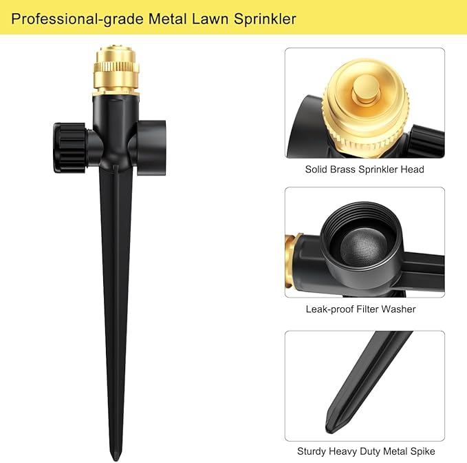 FANHAO Metal Lawn Sprinkler for Yard 2 Pack Automatic Garden Water Sprinkler on Spike Base Adjustable Brass Sprinkler Nozzle 360 Degree Large Area Coverage for Lawn Grass Patio Garden Irrigation