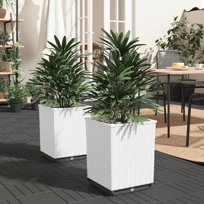 Set of 2 White Square Planters for Garden Patio Balcony Modern Textured Polypropylene Planter Boxes Indoor Outdoor Use 11.8x11.8x14.6 in Dimensions