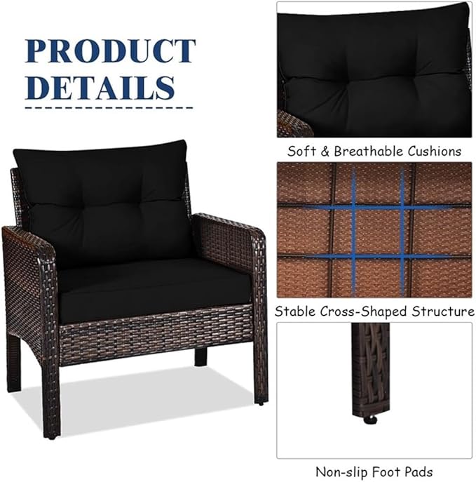 Pemberly Row 3-Piece 26'' Rattan Conversation Set Outdoor Seating Ensemble Built for Casual Comfort and Interaction Black