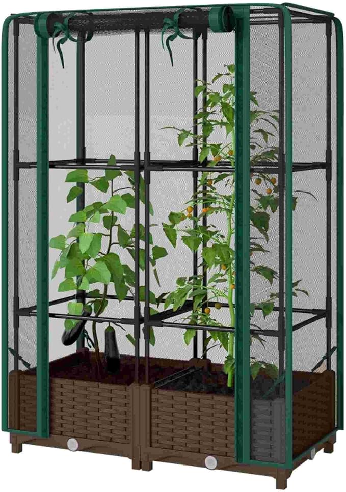 Modular Crop Cage &amp Raised Bed Combo Quick-Assemble Gardening System for Patio or Yard - Removable Cover Adjustable Height Plant Cage for Seasonal Use on a Versatile Garden Box (Green)