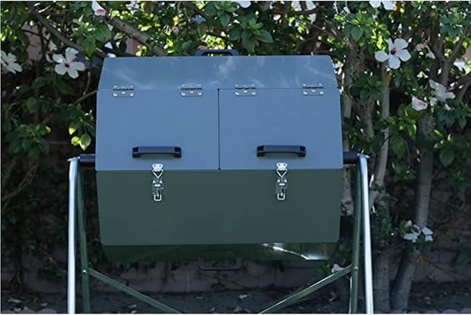 Jora Outdoor Compost Tumbler - Dual Chambers Dual Doors &amp Galvanized Steel Construction - 33 Gallon Capacity - Rotating Heat Generating Insulated Compost Bin