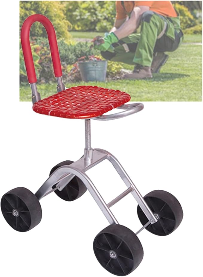 Garden Seat with Wheels Rolling Gardening Stool with Adjustable 360° SwivelFoldable Helperfor Lawn Yard(Red)