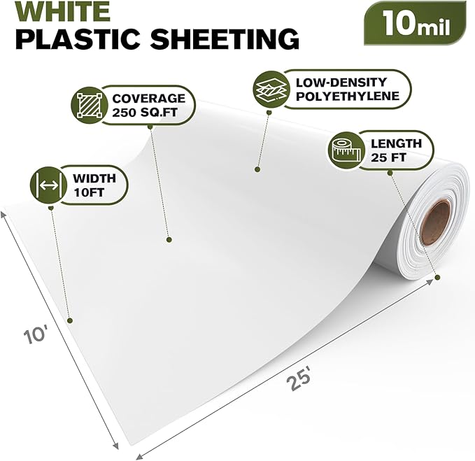 White Crawl Space Vapor Barrier 10 Mil Vapor Barrier 10' x 25' Heavy Duty Polyethylene Film Thick Plastic Sheeting Plastic Drop Cloth Covering for Crawlspace Basement White