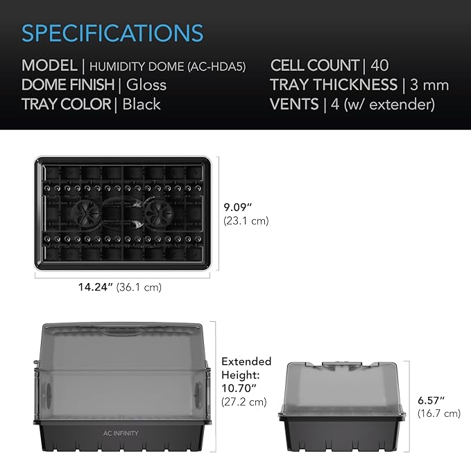 AC Infinity Humidity Dome Heavy-Duty Germination Kit with 3 mm Thickest Dome Sturdy Drip Tray 5x8 Cell Seedling Tray Vented Height Extension Panels for Seed Starting Propagation Cloning Plants