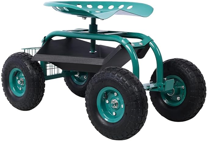 Garden Seat with Wheels Outdoor Garden Stool with Adjustable 360° Swivel Seat and Tool Tray Heavy Duty Rolling Garden Cart for Planting Gardening Scooter for Lawn Yard PatioGreen