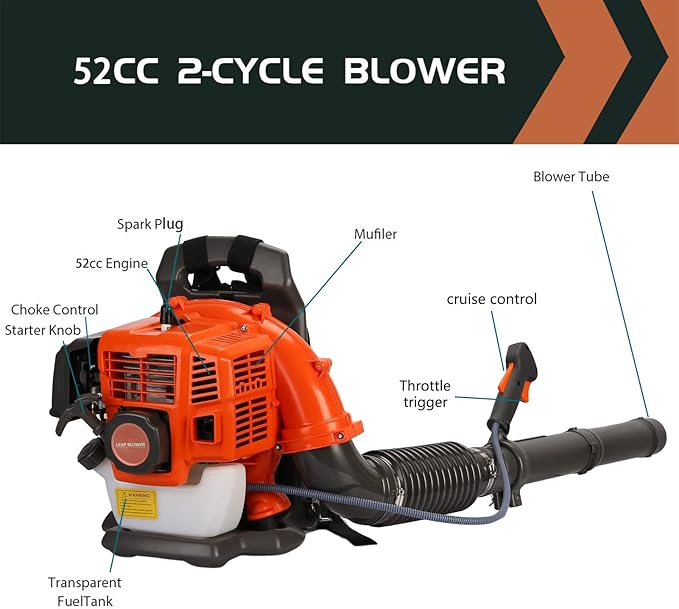 Cordless Leaf Blower 52CC Gas Powered Backpack Leaf Blower for Lawn Care Snow Blower 1.2 L Fuel Tank 6800r/min Large Air Volume Garden Outdoor Supplies Orange