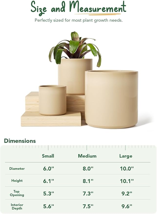 LE TAUCI Ceramic Pots for Plants 10/8/6 Inch Indoor Planters with Draiange Hole Silicone Plug &amp Mesh Pad Modern Minimalist Pots for Home Office Set of 3 Glossy Sand Beige