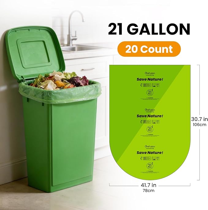 GreFusion Compostable Trash Bags 21 gallon20 CountExtra Thick 1.28 MillsFits13-25 gallon trash can Extra Strong and thickCompostable Lawn &amp Leaf Yard Waste bagsASTM D6400Bpi Certified