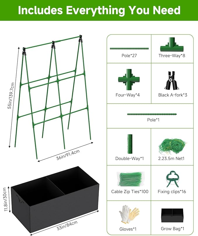 Cucumber Trellis with for Climbing Plants A-Shape Garden Trellis with Grow Bags Metal Plant Trellis with Garden Netting for Vegetables Flowers Fruits