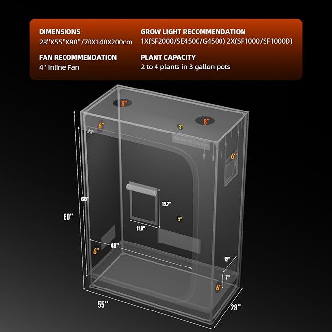 Spider Farmer 4.6x2.3 Grow Tent 2025 New 55x28x80 with Hook for Controller and Power Strip Enlarged View Window 1680D Thicken Mylar Canvas for Indoor Hydroponic Growing SF2000 SE4500 G4500