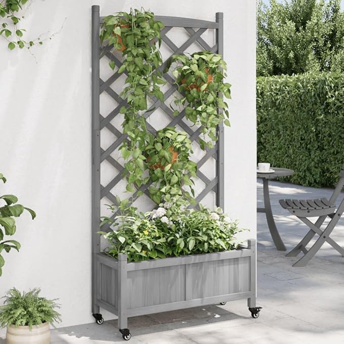 Wood Planter Box with Trellis and Wheel Outdoor Raised Garden Bed for Climbing Plants Free-Standing Trellis Planter Box 29.5x13.8x62 Gray Solid Wood Fir